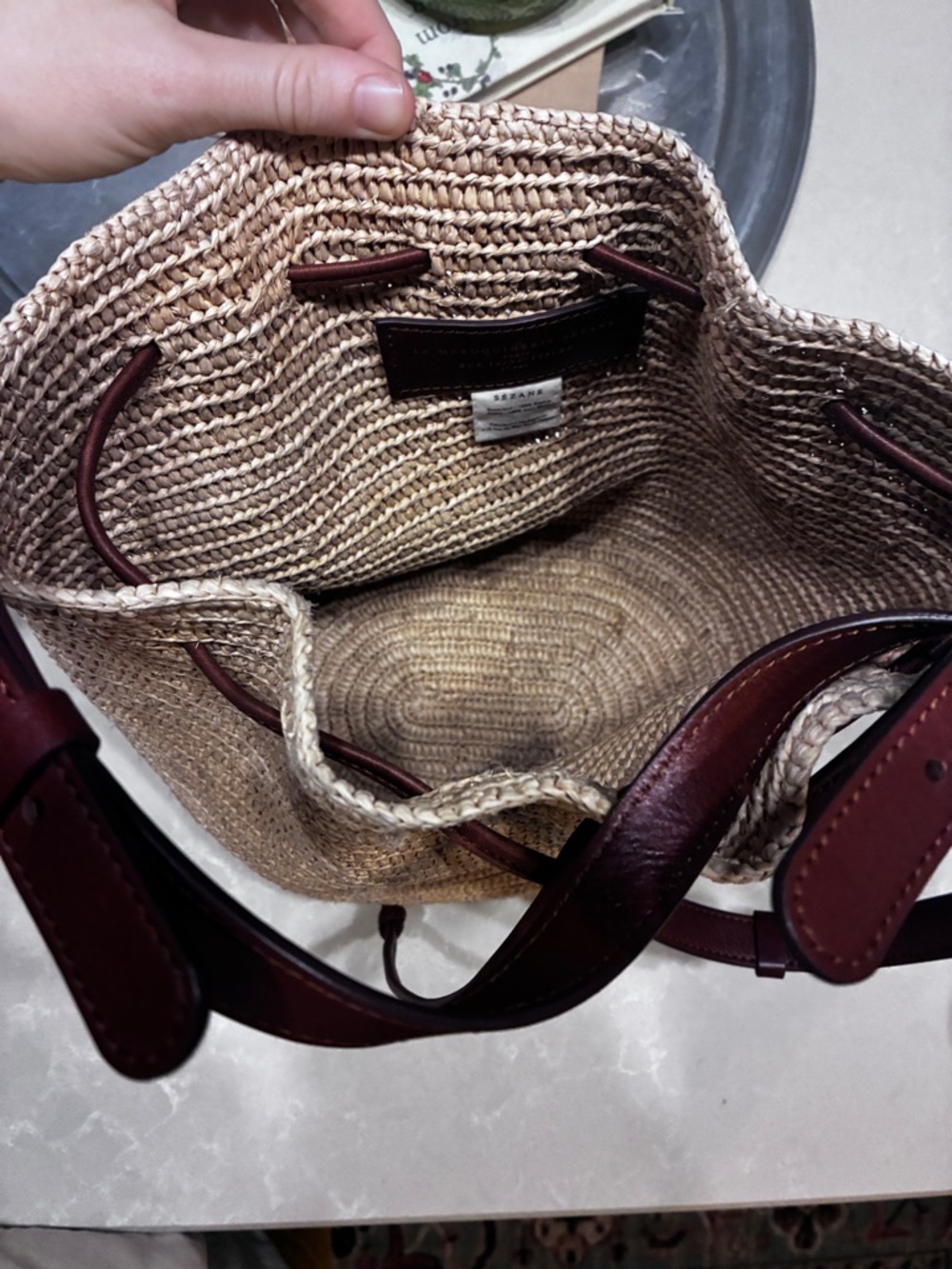 Sezane Farrow Bag Natural Raffia Bucket Bag Leather Strap Paris Summer Woven - Picture 12 of 16